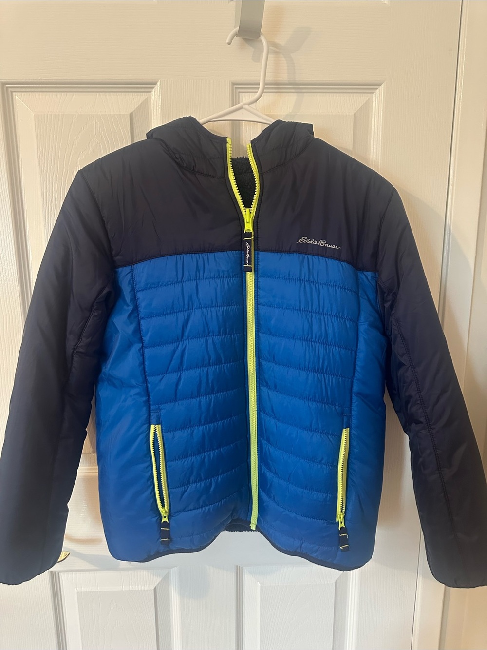 Eddie Bauer Blue and Navy Hooded Puffer with Neon Yellow Accents